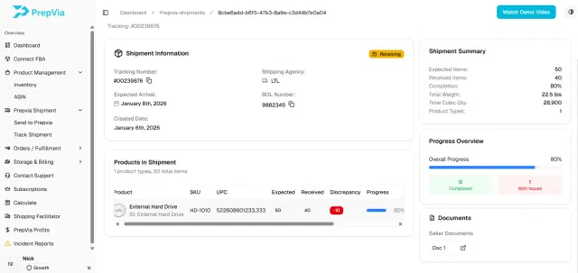 PrepVia App - FBA shipment details and tracking view