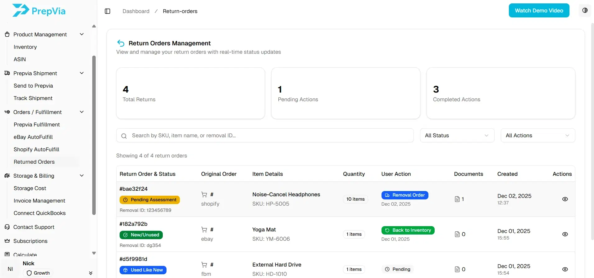 PrepVia app: return orders management