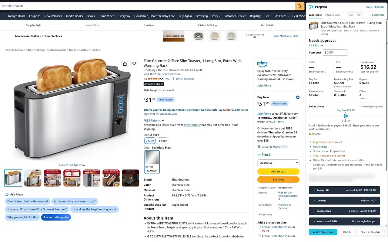 PrepVia Sourcing Assistant panel next to an Amazon.com product page: Buy Box, payout, Amazon fees, sales rank, break-even and selling restrictions