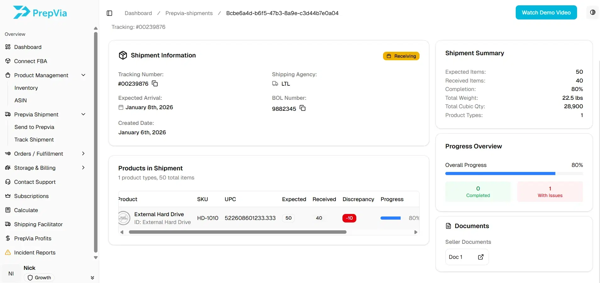PrepVia app: shipment detail with received counts, discrepancies and progress