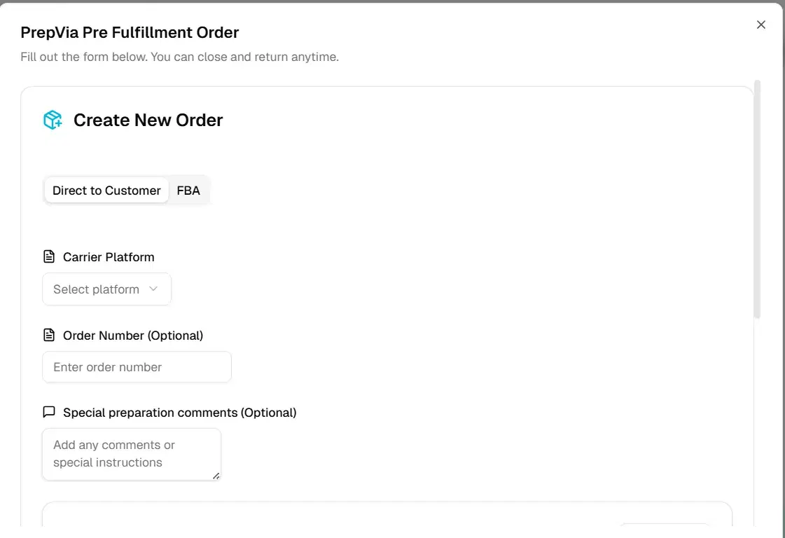 PrepVia app: new pre-fulfillment order form